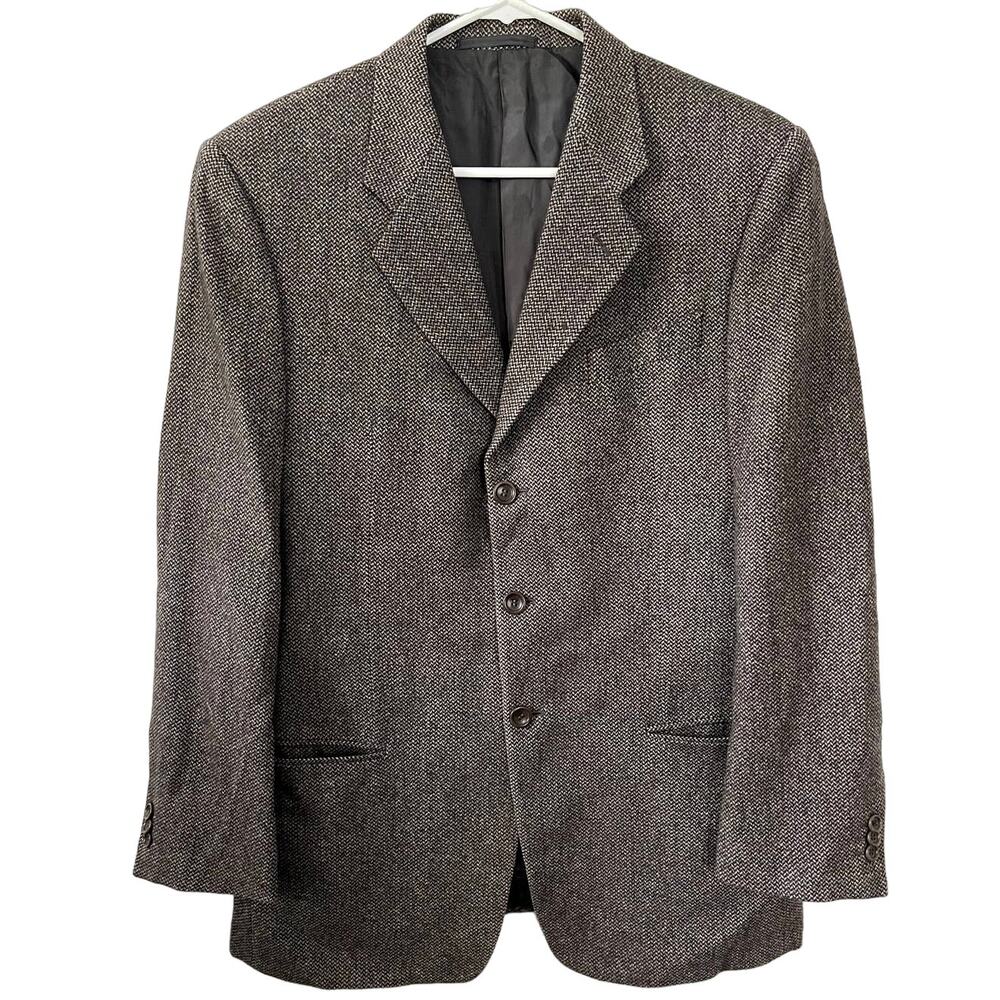 Armani Collezioni Brown Herringbone Stripe Blazer Mens Size EU 52R Wool Silk